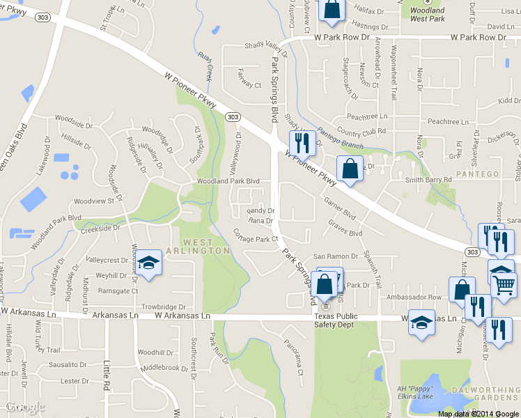 map of restaurants, bars, coffee shops, grocery stores, and more near 4015 Rana Drive in Arlington