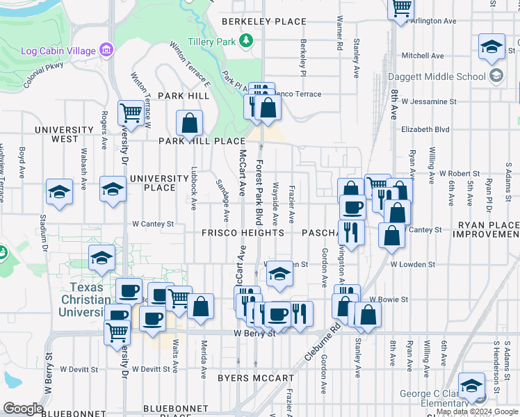 map of restaurants, bars, coffee shops, grocery stores, and more near 2716 Wayside Avenue in Fort Worth
