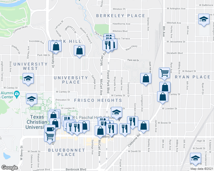 map of restaurants, bars, coffee shops, grocery stores, and more near 2723 Mc Cart Avenue in Fort Worth
