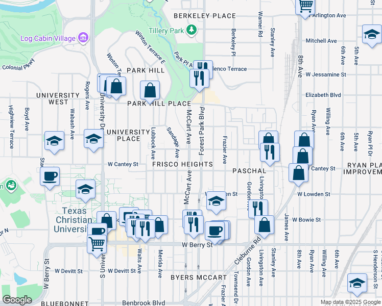 map of restaurants, bars, coffee shops, grocery stores, and more near 2723 Mc Cart Avenue in Fort Worth