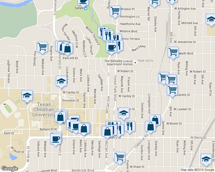 map of restaurants, bars, coffee shops, grocery stores, and more near 2723 Mc Cart Avenue in Fort Worth