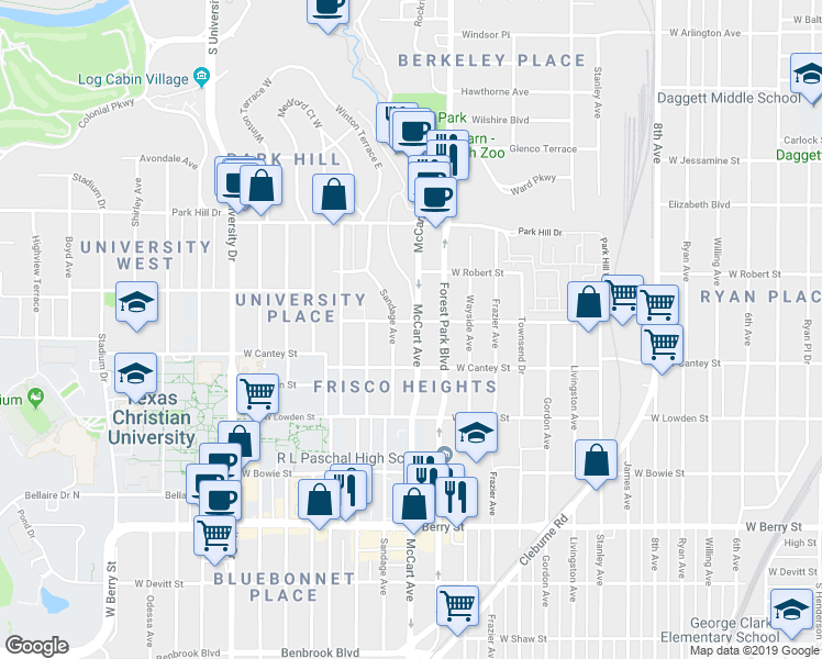 map of restaurants, bars, coffee shops, grocery stores, and more near 2723 Mc Cart Avenue in Fort Worth