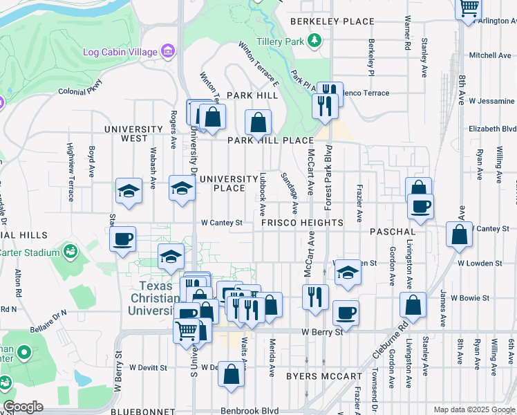 map of restaurants, bars, coffee shops, grocery stores, and more near 2721 Lubbock Avenue in Fort Worth