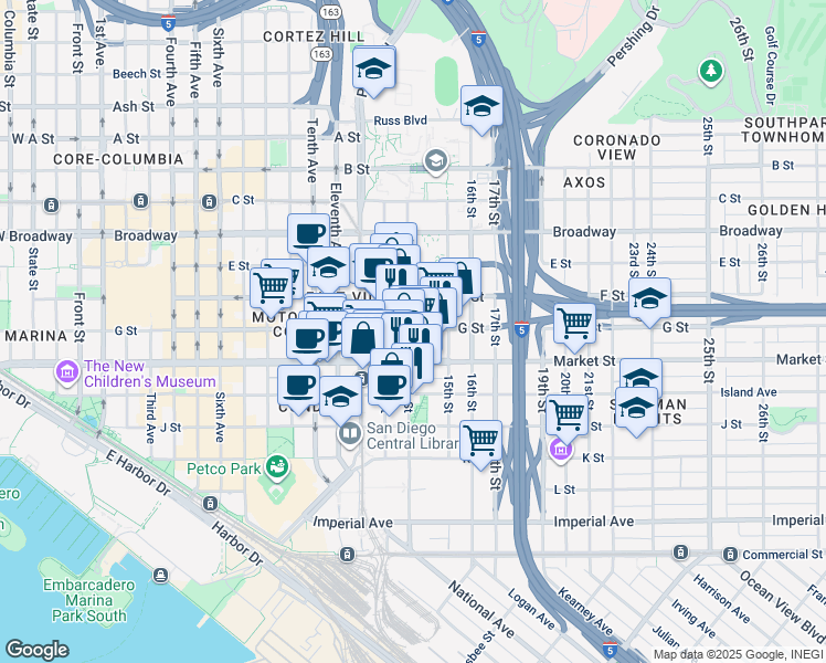 map of restaurants, bars, coffee shops, grocery stores, and more near 699 14th Street in San Diego