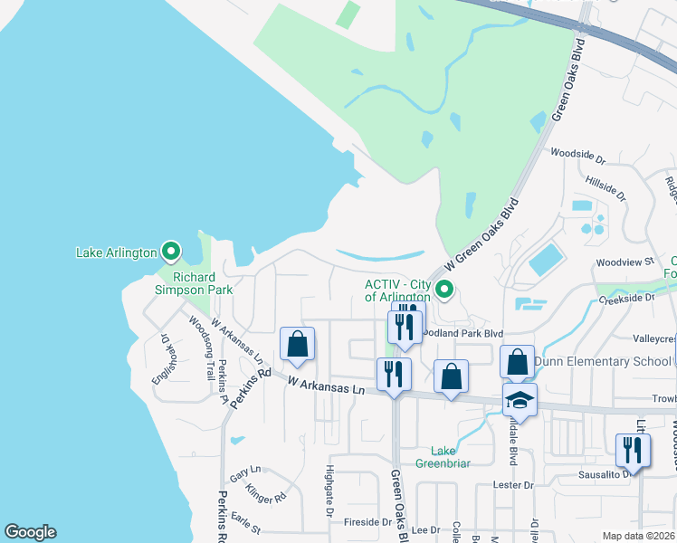 map of restaurants, bars, coffee shops, grocery stores, and more near 2105 Vista Ridge Court in Arlington