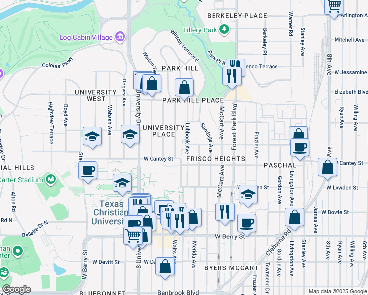 map of restaurants, bars, coffee shops, grocery stores, and more near 2721 Lubbock Avenue in Fort Worth