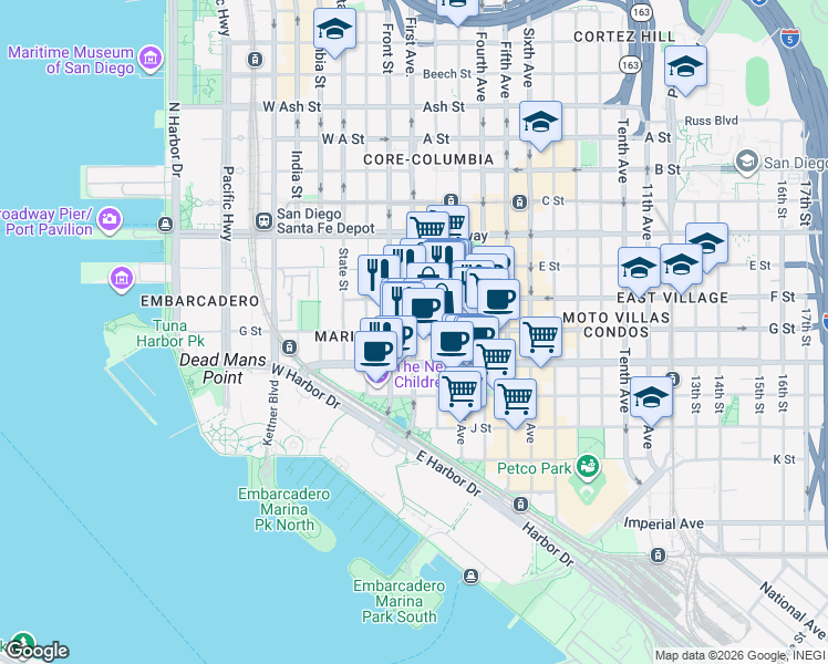 map of restaurants, bars, coffee shops, grocery stores, and more near 1st Avenue & G Street in San Diego