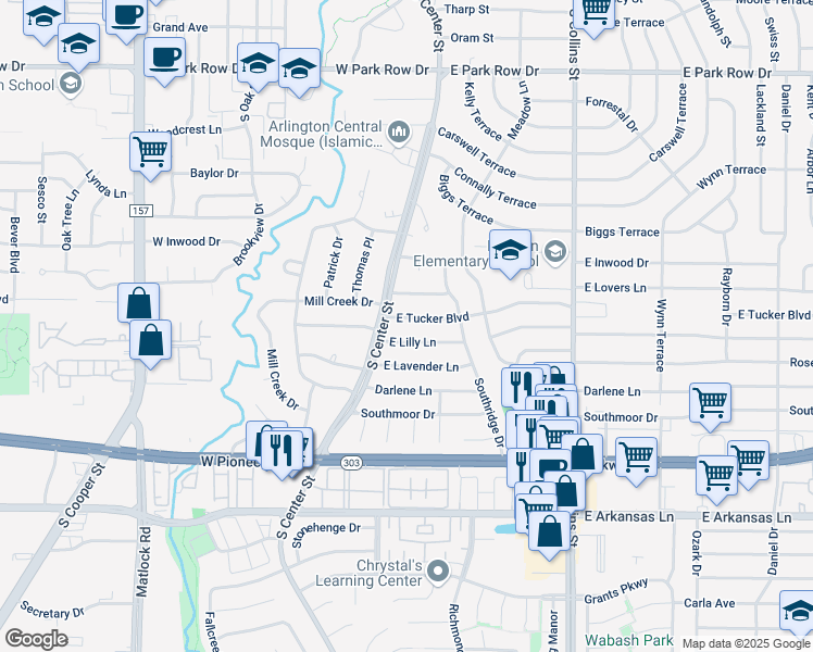 map of restaurants, bars, coffee shops, grocery stores, and more near 411 East Lilly Lane in Arlington