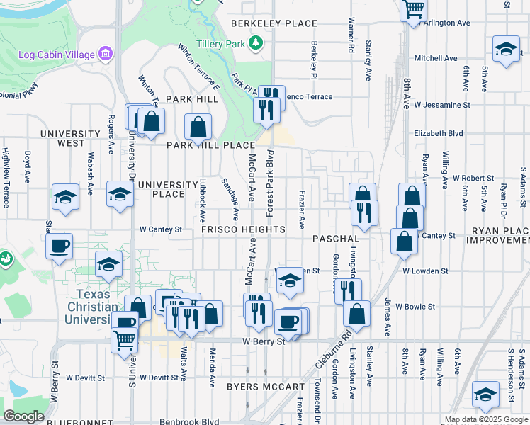 map of restaurants, bars, coffee shops, grocery stores, and more near 2723 Mc Cart Avenue in Fort Worth