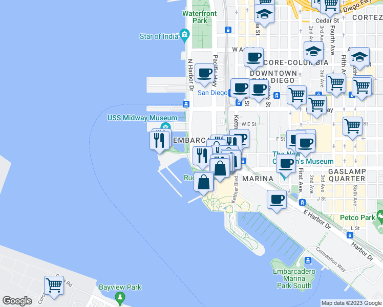 map of restaurants, bars, coffee shops, grocery stores, and more near N Harbor Dr & W G St in San Diego