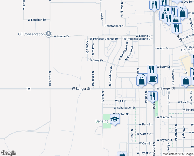 map of restaurants, bars, coffee shops, grocery stores, and more near 1211 North San Andres Drive in Hobbs