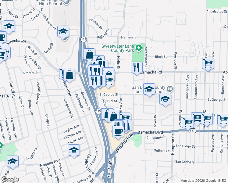map of restaurants, bars, coffee shops, grocery stores, and more near 910 Saint George Court in Spring Valley