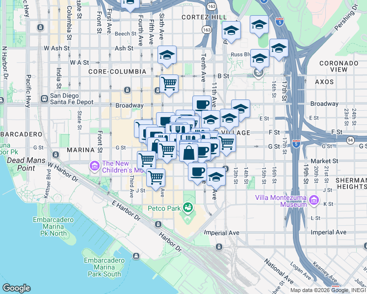 map of restaurants, bars, coffee shops, grocery stores, and more near G Street & 8th Avenue in San Diego