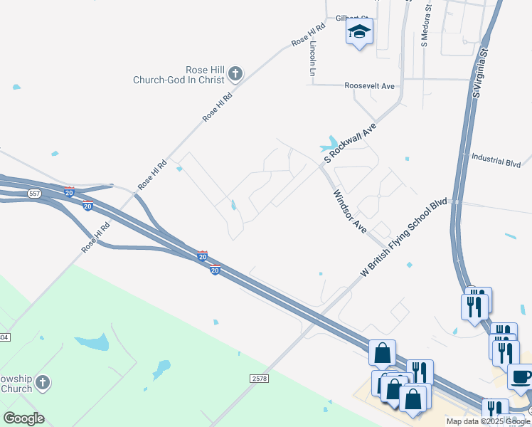 map of restaurants, bars, coffee shops, grocery stores, and more near 10325 County Road 304 in Terrell