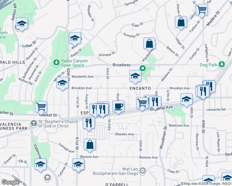 map of restaurants, bars, coffee shops, grocery stores, and more near 732 Stork Street in San Diego