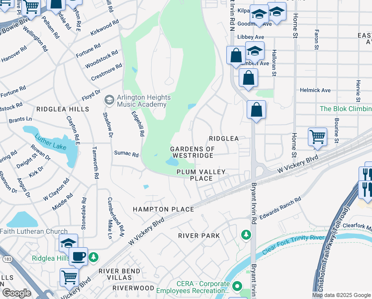 map of restaurants, bars, coffee shops, grocery stores, and more near 4900 Westridge Avenue in Fort Worth