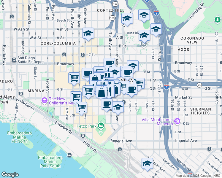 map of restaurants, bars, coffee shops, grocery stores, and more near G Street & 10th Avenue in San Diego