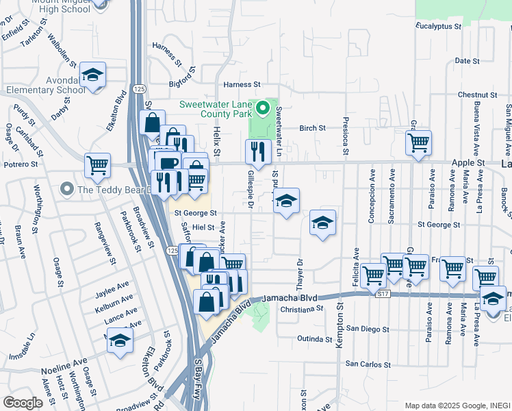 map of restaurants, bars, coffee shops, grocery stores, and more near 984 Gillespie Drive in Spring Valley