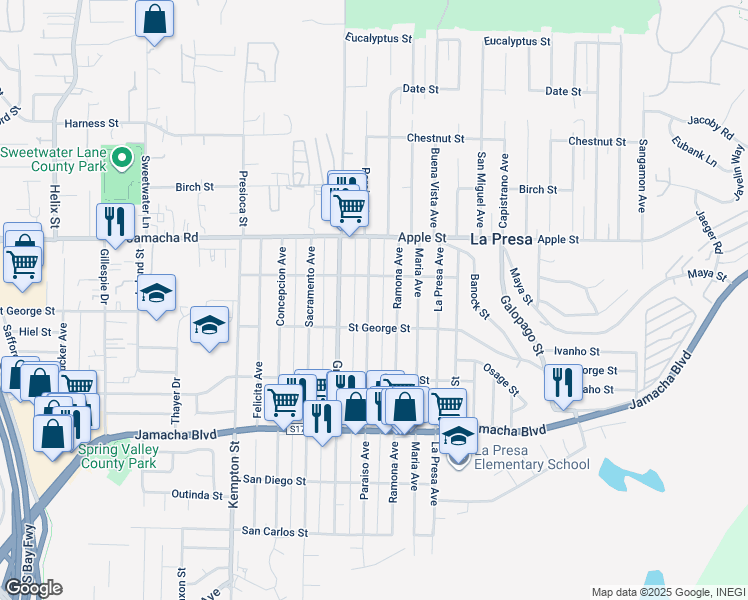 map of restaurants, bars, coffee shops, grocery stores, and more near 812 Ramona Avenue in Spring Valley