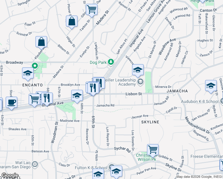 map of restaurants, bars, coffee shops, grocery stores, and more near in San Diego
