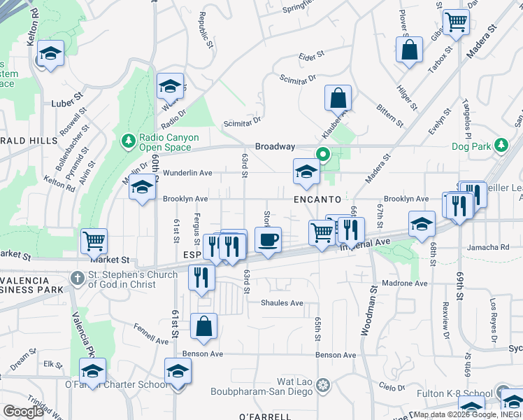 map of restaurants, bars, coffee shops, grocery stores, and more near in San Diego