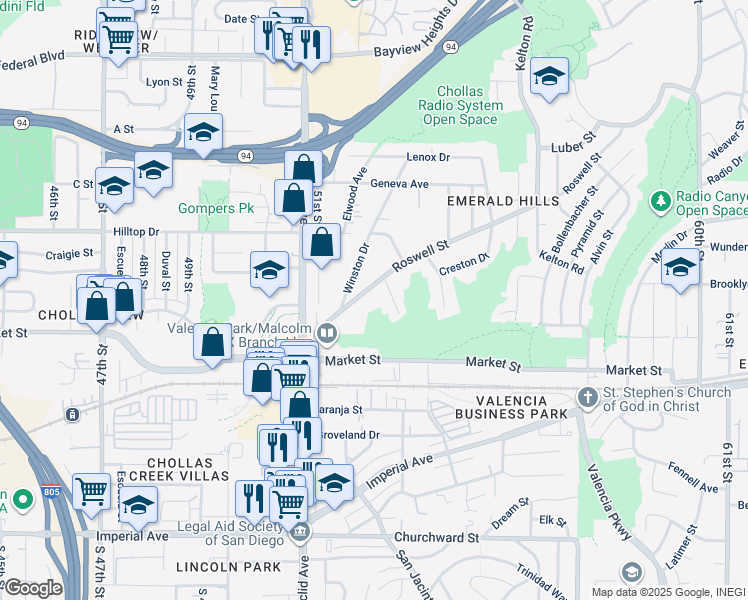 map of restaurants, bars, coffee shops, grocery stores, and more near 5229 Roswell Street in San Diego