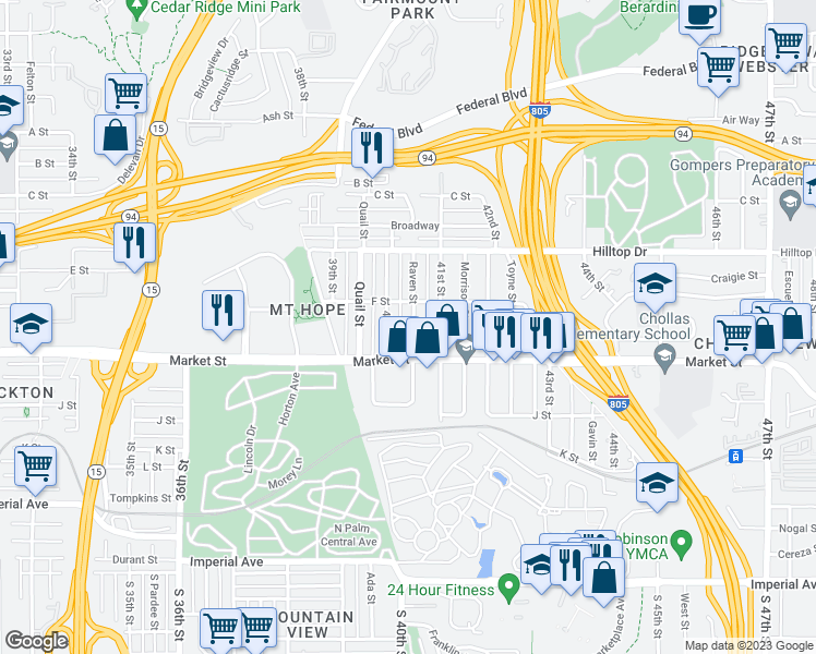 map of restaurants, bars, coffee shops, grocery stores, and more near 622 Raven Street in San Diego