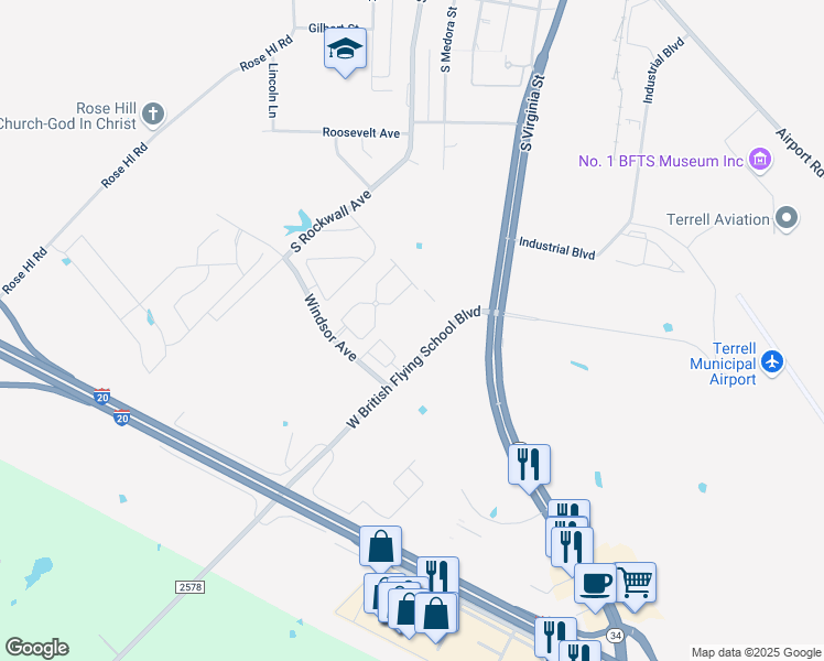 map of restaurants, bars, coffee shops, grocery stores, and more near 260 Farm to Market Road 2578 in Terrell