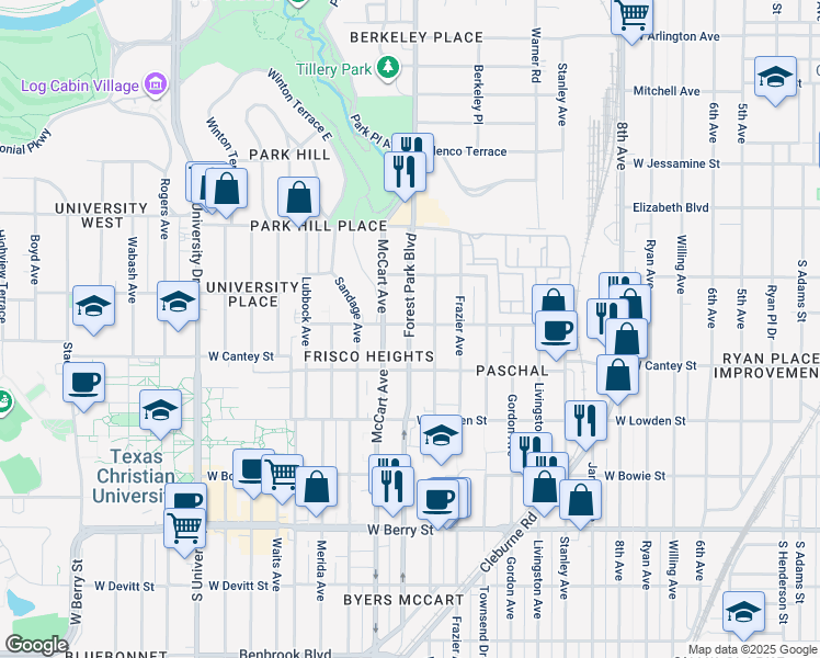 map of restaurants, bars, coffee shops, grocery stores, and more near 2716 Wayside Avenue in Fort Worth