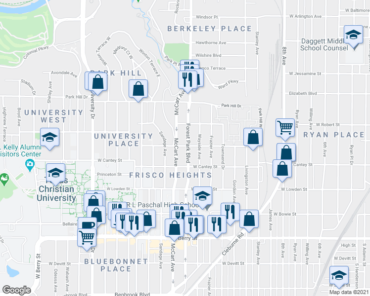map of restaurants, bars, coffee shops, grocery stores, and more near 2723 Mc Cart Avenue in Fort Worth