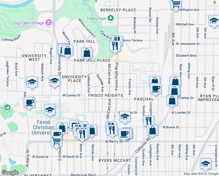 map of restaurants, bars, coffee shops, grocery stores, and more near 2723 Mc Cart Avenue in Fort Worth