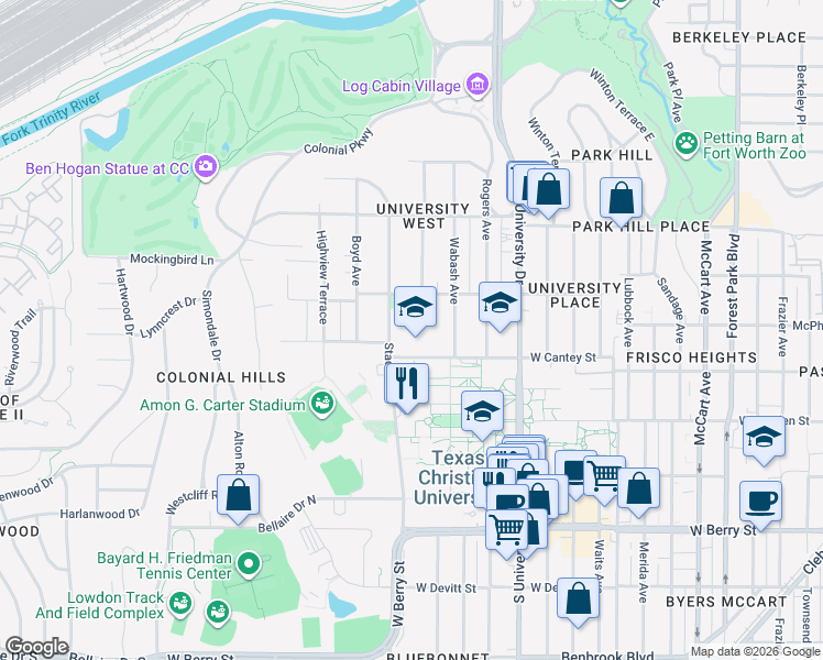 map of restaurants, bars, coffee shops, grocery stores, and more near 2745 Stadium Drive in Fort Worth