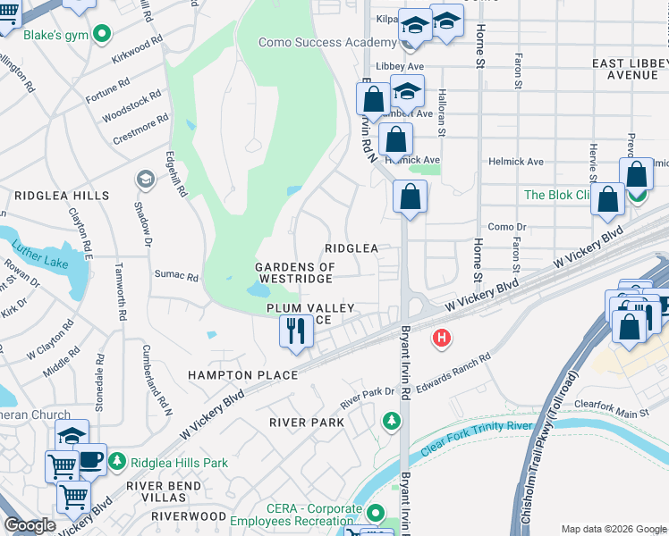 map of restaurants, bars, coffee shops, grocery stores, and more near 6113 Valley View Drive in Fort Worth