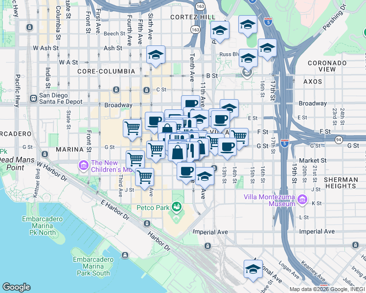 map of restaurants, bars, coffee shops, grocery stores, and more near in San Diego