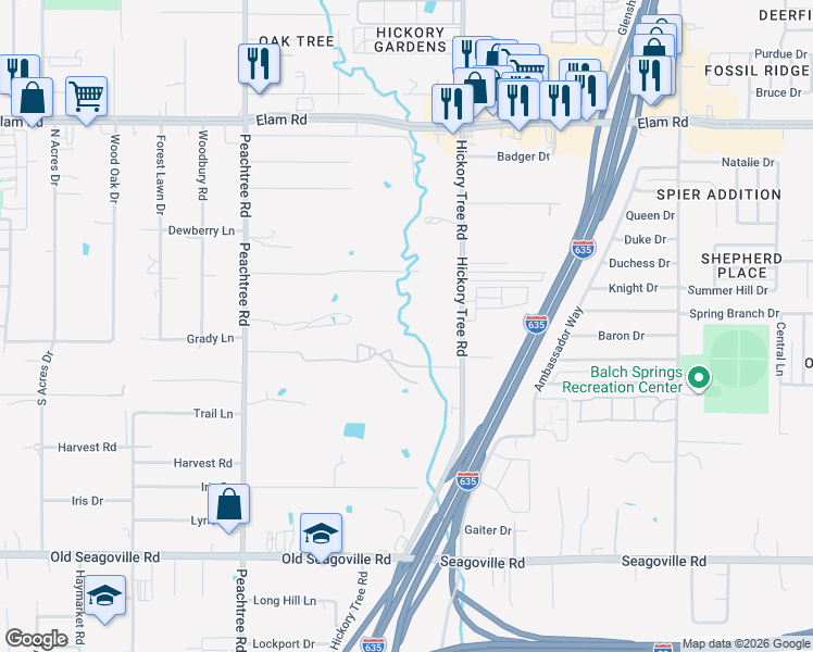 map of restaurants, bars, coffee shops, grocery stores, and more near 4105 Hickory Tree Road in Balch Springs
