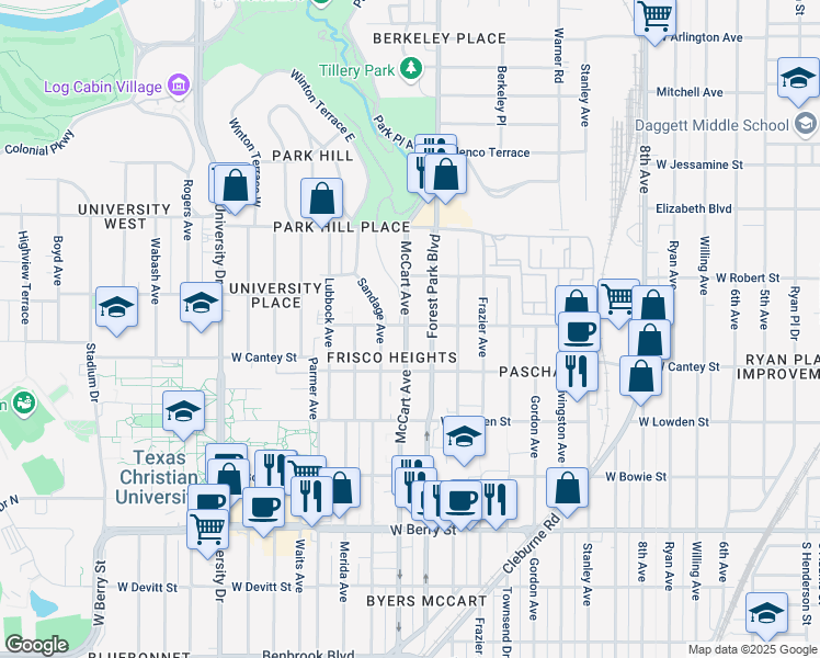 map of restaurants, bars, coffee shops, grocery stores, and more near 2701 McCart Avenue in Fort Worth