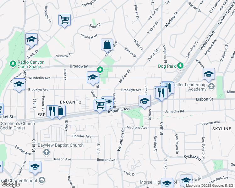 map of restaurants, bars, coffee shops, grocery stores, and more near 701 66th Street in San Diego