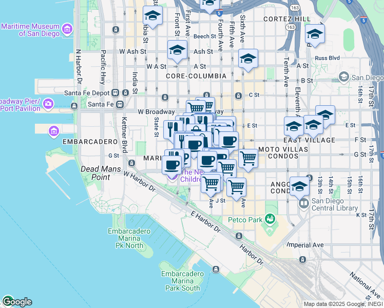 map of restaurants, bars, coffee shops, grocery stores, and more near 102 G Street in San Diego
