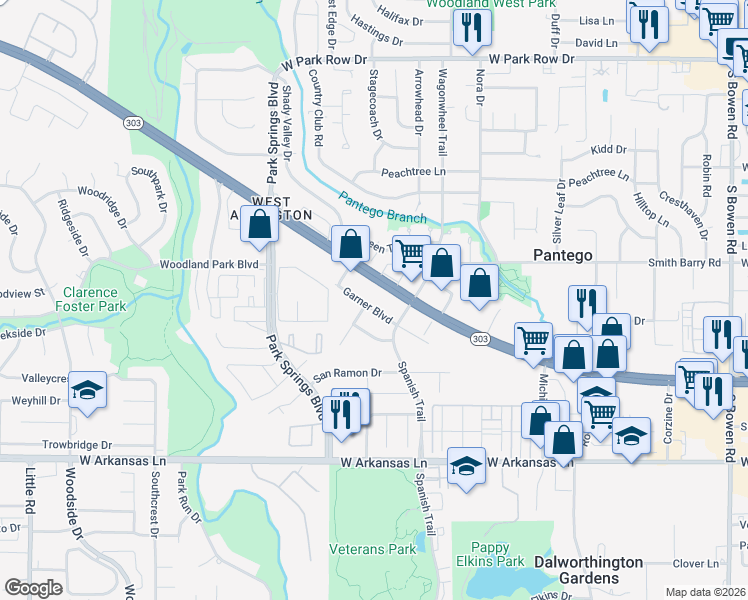 map of restaurants, bars, coffee shops, grocery stores, and more near 3630 West Pioneer Parkway in Pantego