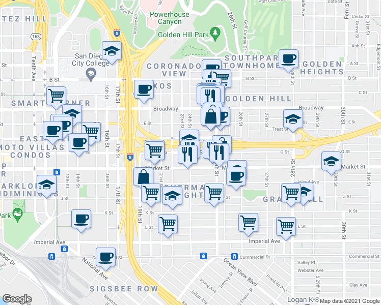 map of restaurants, bars, coffee shops, grocery stores, and more near G Street & 24th Street in San Diego