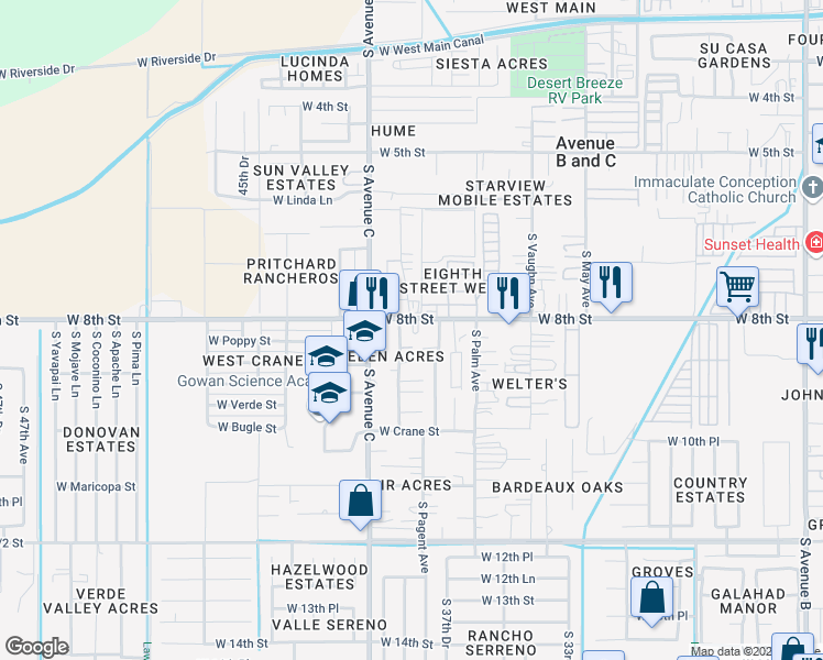 map of restaurants, bars, coffee shops, grocery stores, and more near 831 South Eleanor Avenue in Yuma