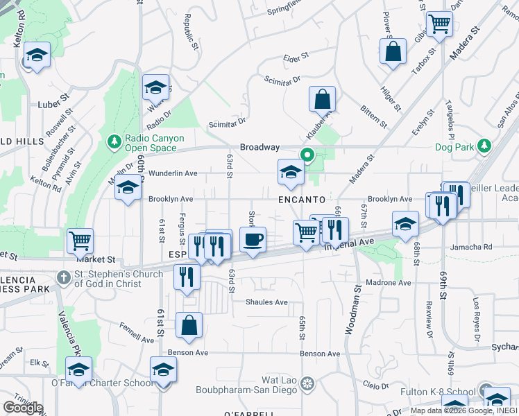 map of restaurants, bars, coffee shops, grocery stores, and more near 650 64th Street in San Diego