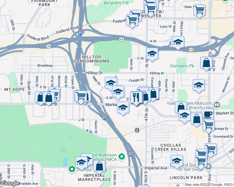 map of restaurants, bars, coffee shops, grocery stores, and more near 4511 G Street in San Diego
