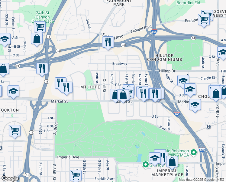 map of restaurants, bars, coffee shops, grocery stores, and more near 622 Raven Street in San Diego