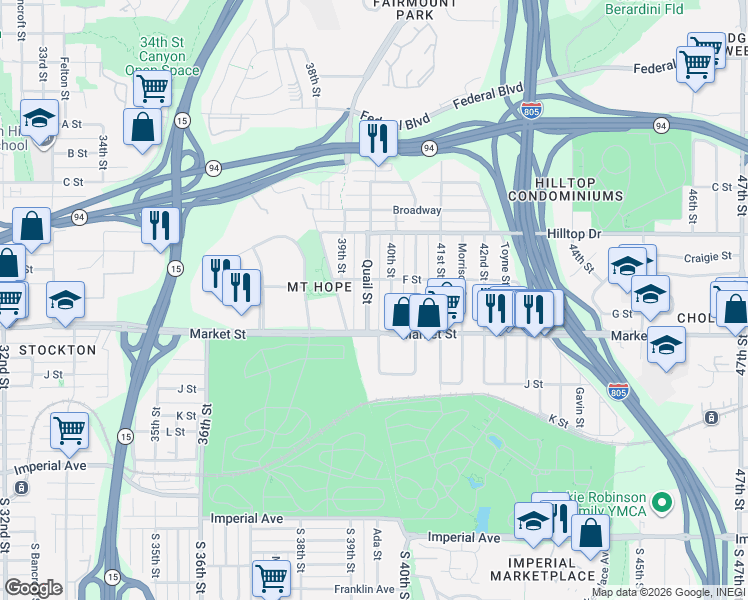 map of restaurants, bars, coffee shops, grocery stores, and more near 625 Quail Street in San Diego