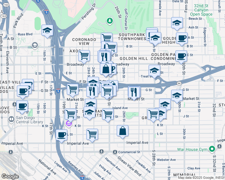 map of restaurants, bars, coffee shops, grocery stores, and more near 2528 Market Street in San Diego