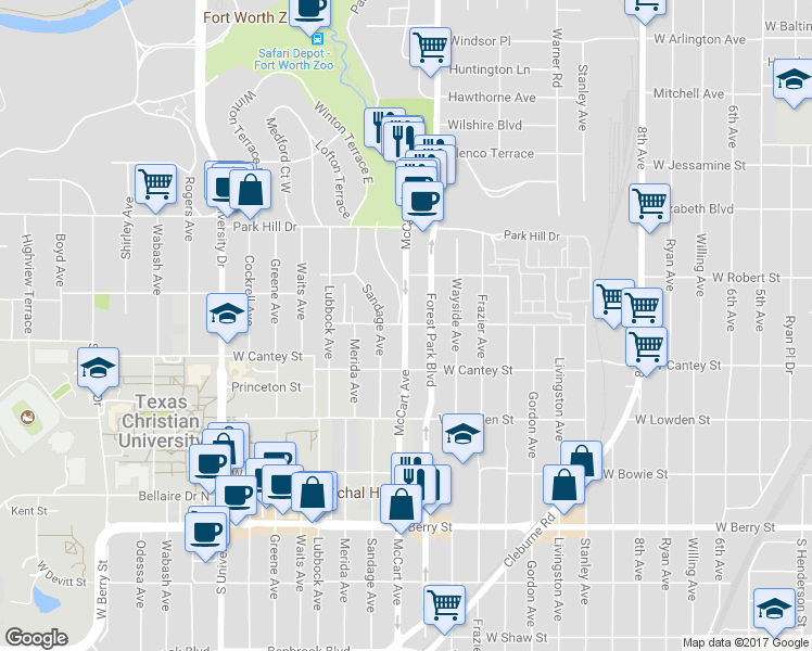 map of restaurants, bars, coffee shops, grocery stores, and more near 2723 Mc Cart Avenue in Fort Worth