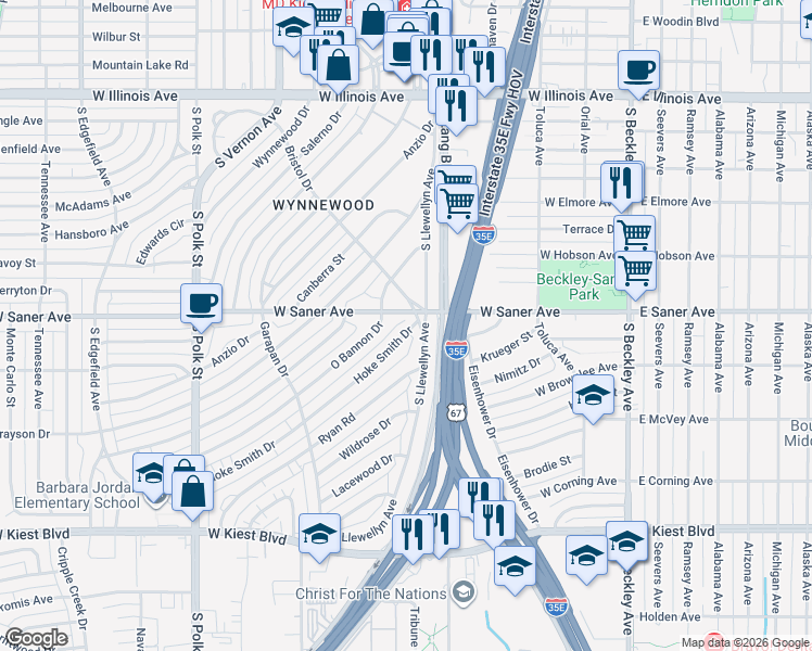 map of restaurants, bars, coffee shops, grocery stores, and more near 539 Hoke Smith Drive in Dallas