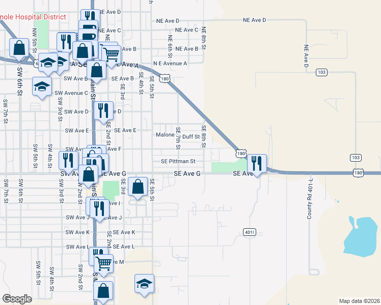 map of restaurants, bars, coffee shops, grocery stores, and more near 200-210 SE Pittman St in Seminole
