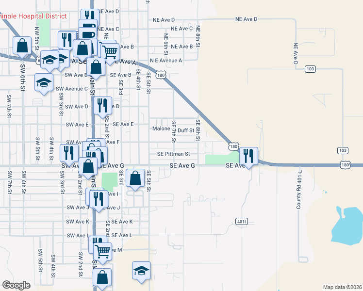 map of restaurants, bars, coffee shops, grocery stores, and more near 200-210 SE Pittman St in Seminole
